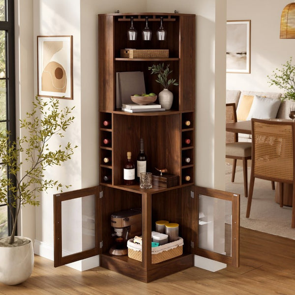 English Elm 70 Inch Corner Bar Cabinet with Stemware Rack Wine Cubbies and Tempered Glass Doors Walnut+Gold N752P508255D