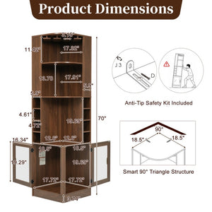 English Elm 70 Inch Corner Bar Cabinet with Stemware Rack Wine Cubbies and Tempered Glass Doors Walnut+Gold N752P508255D