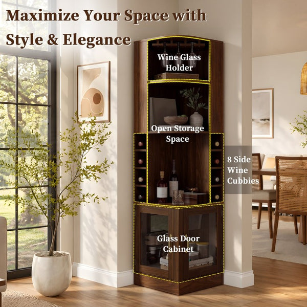 English Elm 70 Inch Corner Bar Cabinet with Stemware Rack Wine Cubbies and Tempered Glass Doors Walnut+Gold N752P508255D