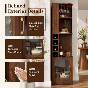 English Elm 70 Inch Corner Bar Cabinet with Stemware Rack Wine Cubbies and Tempered Glass Doors Walnut+Gold N752P508255D
