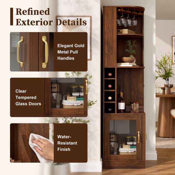 English Elm 70 Inch Corner Bar Cabinet with Stemware Rack Wine Cubbies and Tempered Glass Doors Walnut+Gold N752P508255D