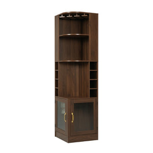 English Elm 70 Inch Corner Bar Cabinet with Stemware Rack Wine Cubbies and Tempered Glass Doors Walnut+Gold N752P508255D