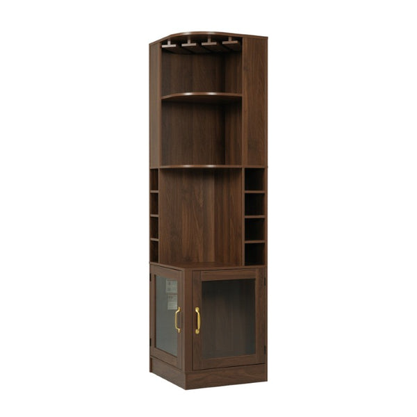 English Elm 70 Inch Corner Bar Cabinet with Stemware Rack Wine Cubbies and Tempered Glass Doors Walnut+Gold N752P508255D