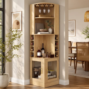 English Elm 70 Inch Corner Bar Cabinet with Stemware Rack Wine Cubbies and Tempered Glass Doors Natural+Gold N752P508255N