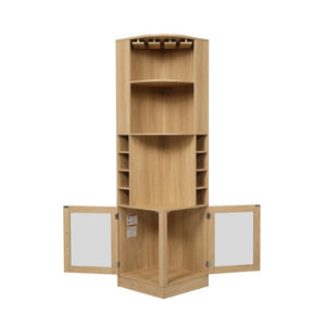 English Elm 70 Inch Corner Bar Cabinet with Stemware Rack Wine Cubbies and Tempered Glass Doors Natural+Gold N752P508255N
