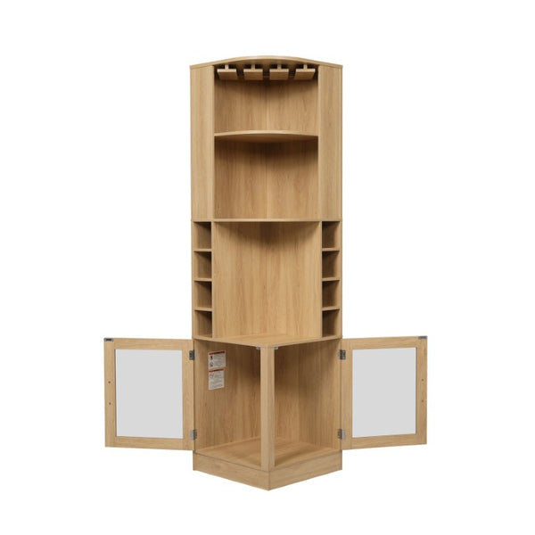 English Elm 70 Inch Corner Bar Cabinet with Stemware Rack Wine Cubbies and Tempered Glass Doors Natural+Gold N752P508255N