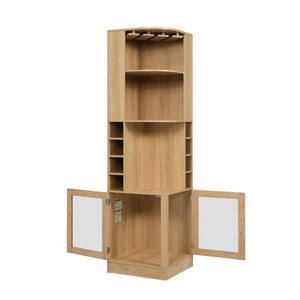 English Elm 70 Inch Corner Bar Cabinet with Stemware Rack Wine Cubbies and Tempered Glass Doors Natural+Gold N752P508255N