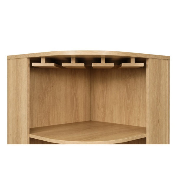 English Elm 70 Inch Corner Bar Cabinet with Stemware Rack Wine Cubbies and Tempered Glass Doors Natural+Gold N752P508255N