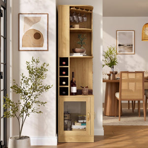 English Elm 70 Inch Corner Bar Cabinet with Stemware Rack Wine Cubbies and Tempered Glass Doors Natural+Gold N752P508255N