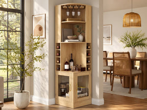 English Elm 70 Inch Corner Bar Cabinet with Stemware Rack Wine Cubbies and Tempered Glass Doors Natural+Gold N752P508255N