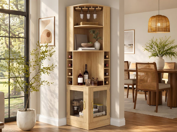 English Elm 70 Inch Corner Bar Cabinet with Stemware Rack Wine Cubbies and Tempered Glass Doors Natural+Gold N752P508255N
