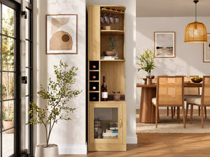 English Elm 70 Inch Corner Bar Cabinet with Stemware Rack Wine Cubbies and Tempered Glass Doors Natural+Gold N752P508255N