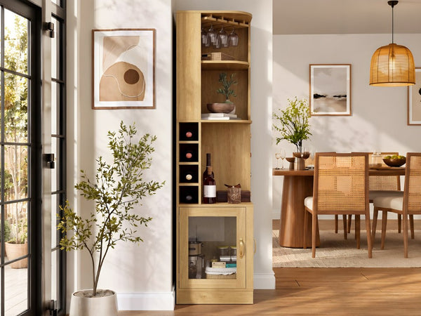 English Elm 70 Inch Corner Bar Cabinet with Stemware Rack Wine Cubbies and Tempered Glass Doors Natural+Gold N752P508255N