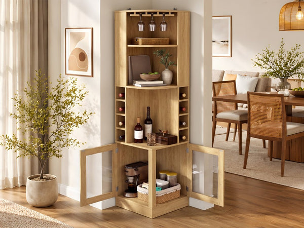 English Elm 70 Inch Corner Bar Cabinet with Stemware Rack Wine Cubbies and Tempered Glass Doors Natural+Gold N752P508255N