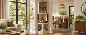 English Elm 70 Inch Corner Bar Cabinet with Stemware Rack Wine Cubbies and Tempered Glass Doors Natural+Gold N752P508255N