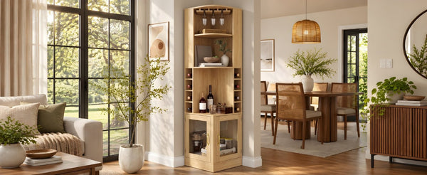 English Elm 70 Inch Corner Bar Cabinet with Stemware Rack Wine Cubbies and Tempered Glass Doors Natural+Gold N752P508255N