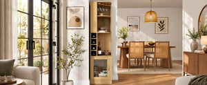 English Elm 70 Inch Corner Bar Cabinet with Stemware Rack Wine Cubbies and Tempered Glass Doors Natural+Gold N752P508255N