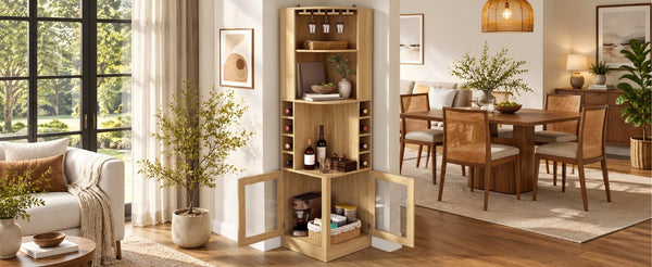 English Elm 70 Inch Corner Bar Cabinet with Stemware Rack Wine Cubbies and Tempered Glass Doors Natural+Gold N752P508255N