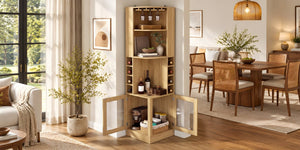 English Elm 70 Inch Corner Bar Cabinet with Stemware Rack Wine Cubbies and Tempered Glass Doors Natural+Gold N752P508255N