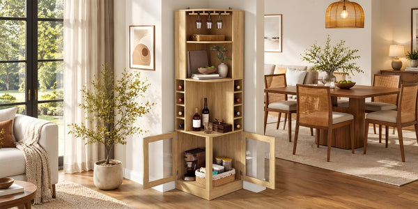 English Elm 70 Inch Corner Bar Cabinet with Stemware Rack Wine Cubbies and Tempered Glass Doors Natural+Gold N752P508255N