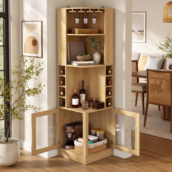 English Elm 70 Inch Corner Bar Cabinet with Stemware Rack Wine Cubbies and Tempered Glass Doors Natural+Gold N752P508255N