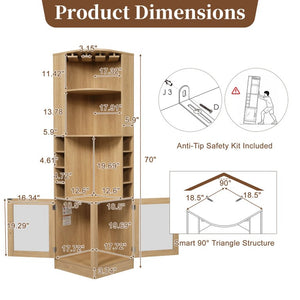 English Elm 70 Inch Corner Bar Cabinet with Stemware Rack Wine Cubbies and Tempered Glass Doors Natural+Gold N752P508255N