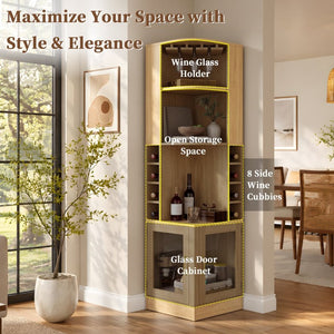 English Elm 70 Inch Corner Bar Cabinet with Stemware Rack Wine Cubbies and Tempered Glass Doors Natural+Gold N752P508255N