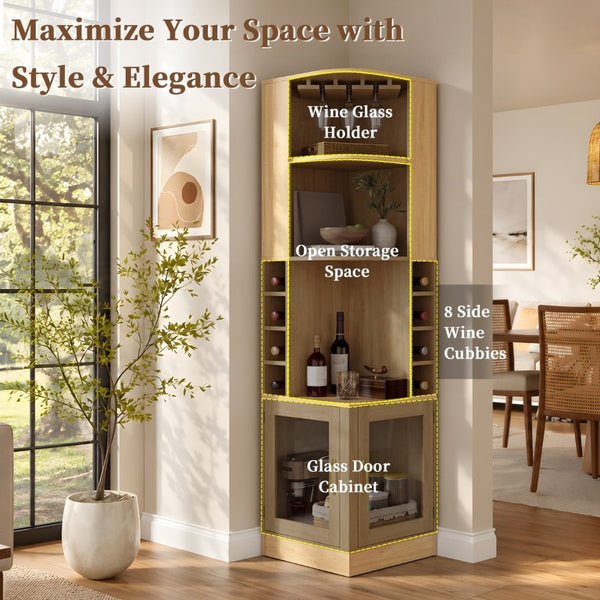 English Elm 70 Inch Corner Bar Cabinet with Stemware Rack Wine Cubbies and Tempered Glass Doors Natural+Gold N752P508255N