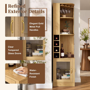 English Elm 70 Inch Corner Bar Cabinet with Stemware Rack Wine Cubbies and Tempered Glass Doors Natural+Gold N752P508255N