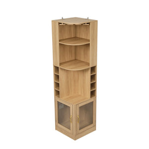 English Elm 70 Inch Corner Bar Cabinet with Stemware Rack Wine Cubbies and Tempered Glass Doors Natural+Gold N752P508255N