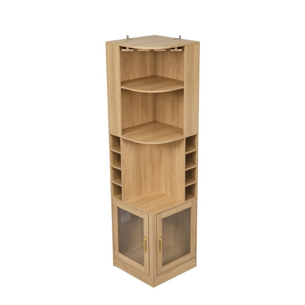 English Elm 70 Inch Corner Bar Cabinet with Stemware Rack Wine Cubbies and Tempered Glass Doors Natural+Gold N752P508255N