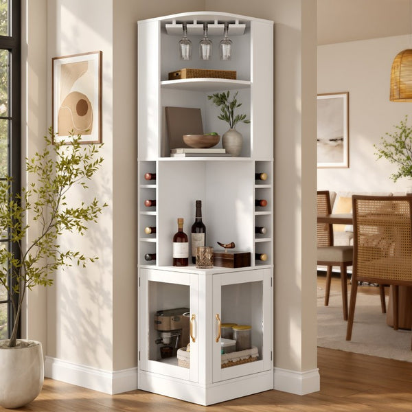 English Elm 70 Inch Corner Bar Cabinet with Stemware Rack Wine Cubbies and Tempered Glass Doors White+Gold N752P508255W
