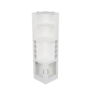 English Elm 70 Inch Corner Bar Cabinet with Stemware Rack Wine Cubbies and Tempered Glass Doors White+Gold N752P508255W