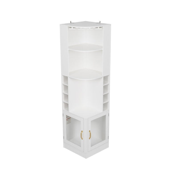English Elm 70 Inch Corner Bar Cabinet with Stemware Rack Wine Cubbies and Tempered Glass Doors White+Gold N752P508255W