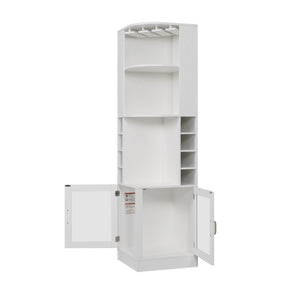 English Elm 70 Inch Corner Bar Cabinet with Stemware Rack Wine Cubbies and Tempered Glass Doors White+Gold N752P508255W