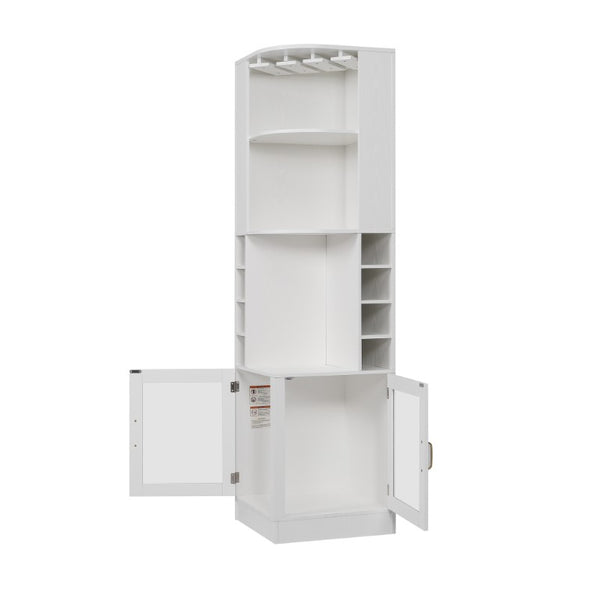 English Elm 70 Inch Corner Bar Cabinet with Stemware Rack Wine Cubbies and Tempered Glass Doors White+Gold N752P508255W