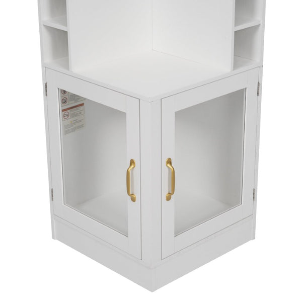 English Elm 70 Inch Corner Bar Cabinet with Stemware Rack Wine Cubbies and Tempered Glass Doors White+Gold N752P508255W