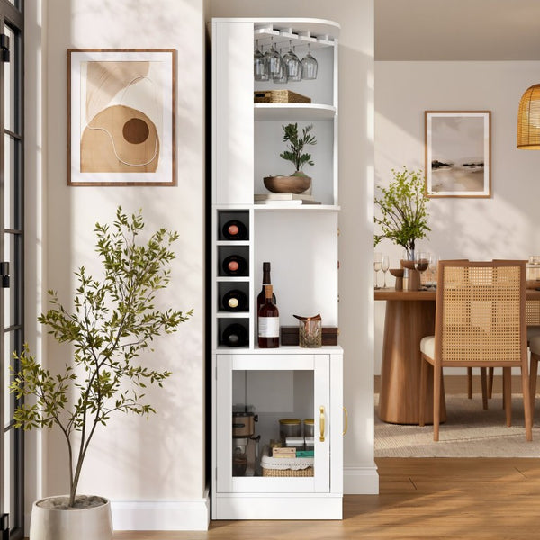 English Elm 70 Inch Corner Bar Cabinet with Stemware Rack Wine Cubbies and Tempered Glass Doors White+Gold N752P508255W
