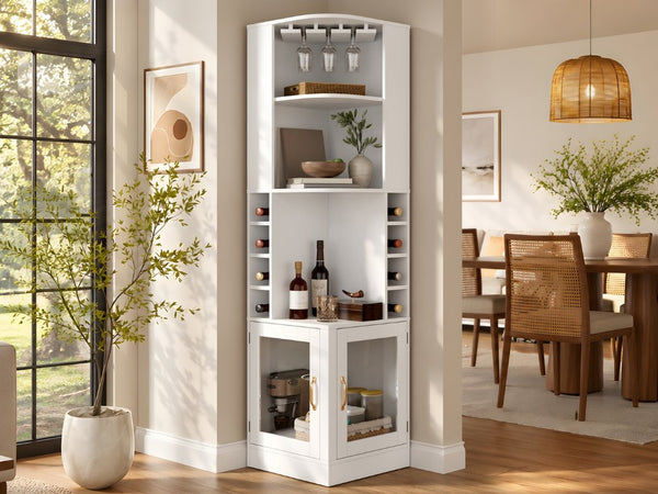 English Elm 70 Inch Corner Bar Cabinet with Stemware Rack Wine Cubbies and Tempered Glass Doors White+Gold N752P508255W