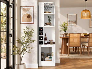 English Elm 70 Inch Corner Bar Cabinet with Stemware Rack Wine Cubbies and Tempered Glass Doors White+Gold N752P508255W