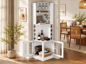 English Elm 70 Inch Corner Bar Cabinet with Stemware Rack Wine Cubbies and Tempered Glass Doors White+Gold N752P508255W