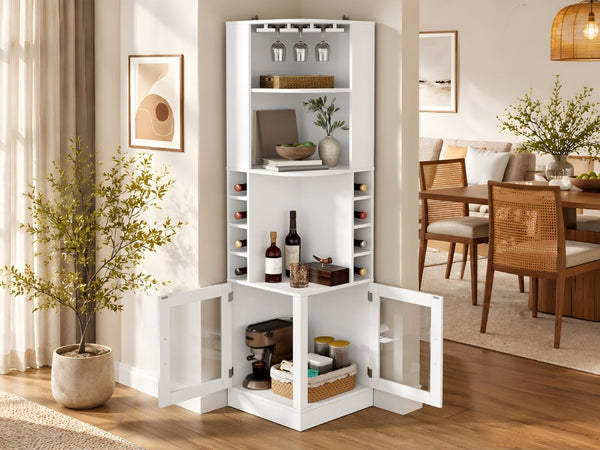 English Elm 70 Inch Corner Bar Cabinet with Stemware Rack Wine Cubbies and Tempered Glass Doors White+Gold N752P508255W