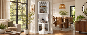 English Elm 70 Inch Corner Bar Cabinet with Stemware Rack Wine Cubbies and Tempered Glass Doors White+Gold N752P508255W
