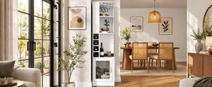 English Elm 70 Inch Corner Bar Cabinet with Stemware Rack Wine Cubbies and Tempered Glass Doors White+Gold N752P508255W