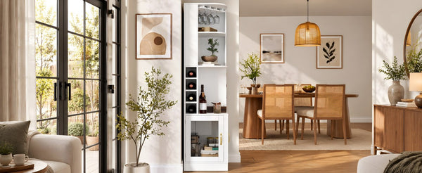 English Elm 70 Inch Corner Bar Cabinet with Stemware Rack Wine Cubbies and Tempered Glass Doors White+Gold N752P508255W