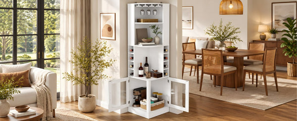 English Elm 70 Inch Corner Bar Cabinet with Stemware Rack Wine Cubbies and Tempered Glass Doors White+Gold N752P508255W
