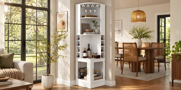 English Elm 70 Inch Corner Bar Cabinet with Stemware Rack Wine Cubbies and Tempered Glass Doors White+Gold N752P508255W