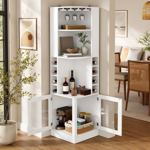 English Elm 70 Inch Corner Bar Cabinet with Stemware Rack Wine Cubbies and Tempered Glass Doors White+Gold N752P508255W