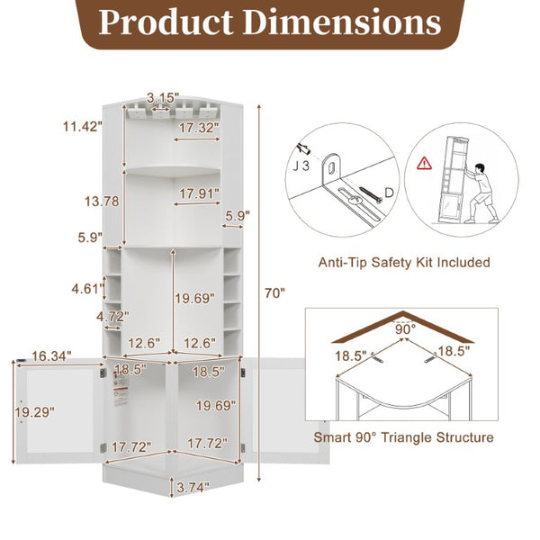 English Elm 70 Inch Corner Bar Cabinet with Stemware Rack Wine Cubbies and Tempered Glass Doors White+Gold N752P508255W