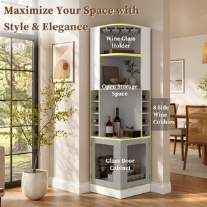 English Elm 70 Inch Corner Bar Cabinet with Stemware Rack Wine Cubbies and Tempered Glass Doors White+Gold N752P508255W